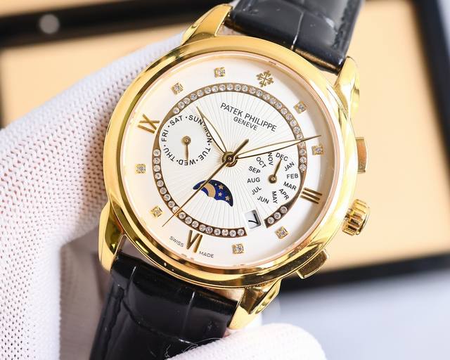 白 金玫 Pp最新款式 百达翡丽patek Philippe 搭配进口9100多功能机芯 零返修 功能 24小时,星期 星辰 月份 进口316精钢 搭配意大利进